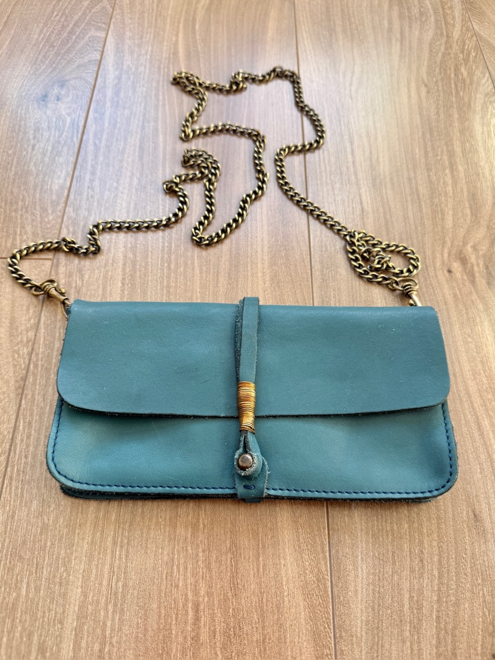 Jo Teal Leather Clutch Crossbody Bag Brass Chain Strap, Artisan Indie Boho